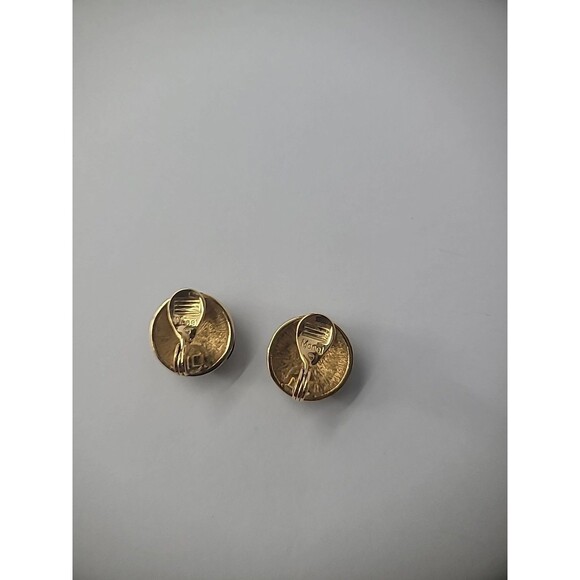 Vintage Monet Earrings Clip On Round Black Gold Tone Accents Jewelry Costume - Picture 11 of 11